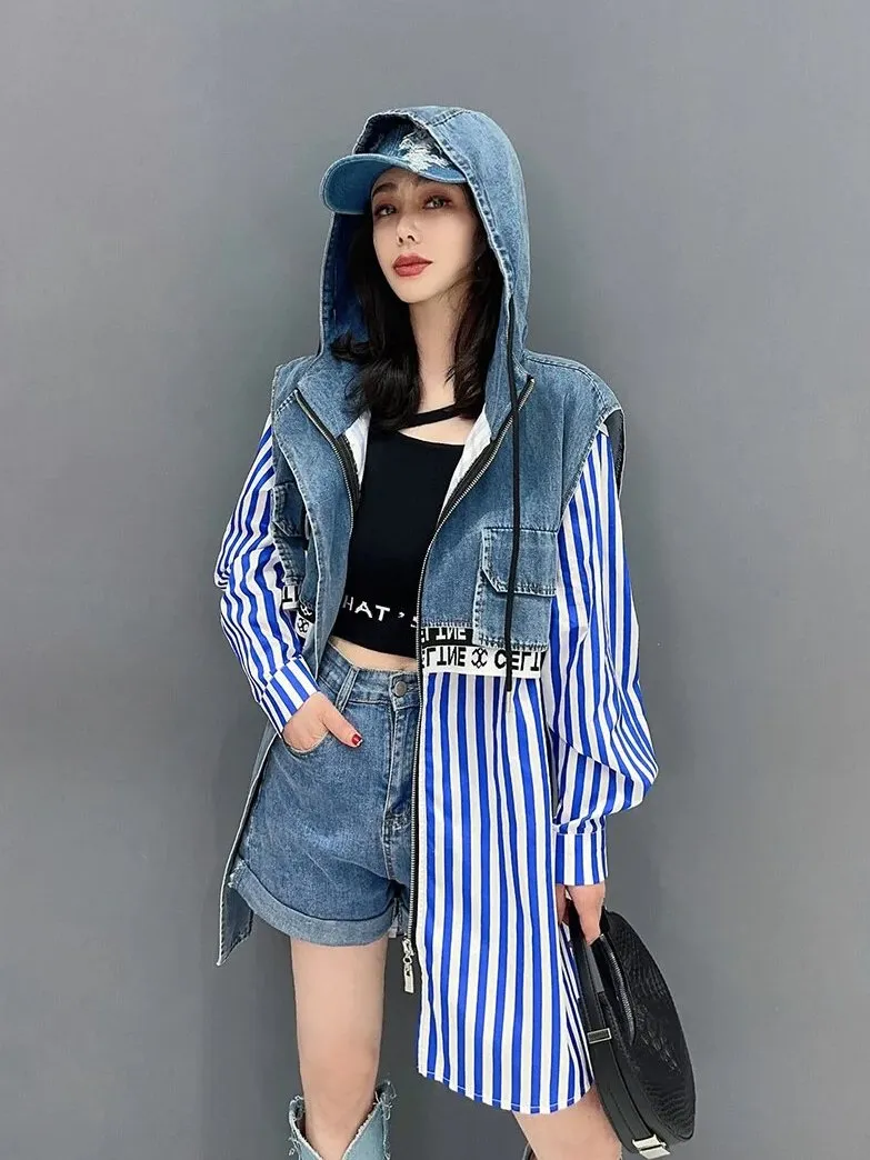 Hooded Denim Stripe Fake Two Piece Shirt Jacket