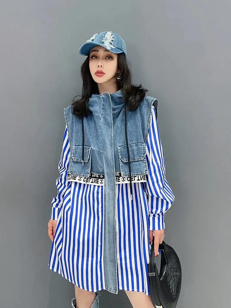Hooded Denim Stripe Fake Two Piece Shirt Jacket