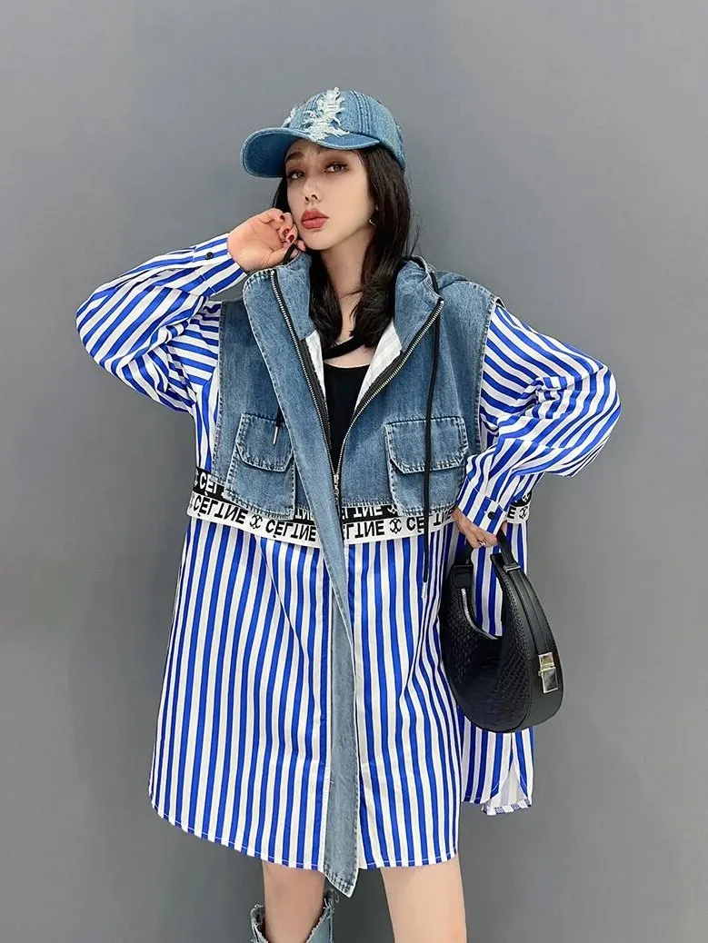 Hooded Denim Stripe Fake Two Piece Shirt Jacket