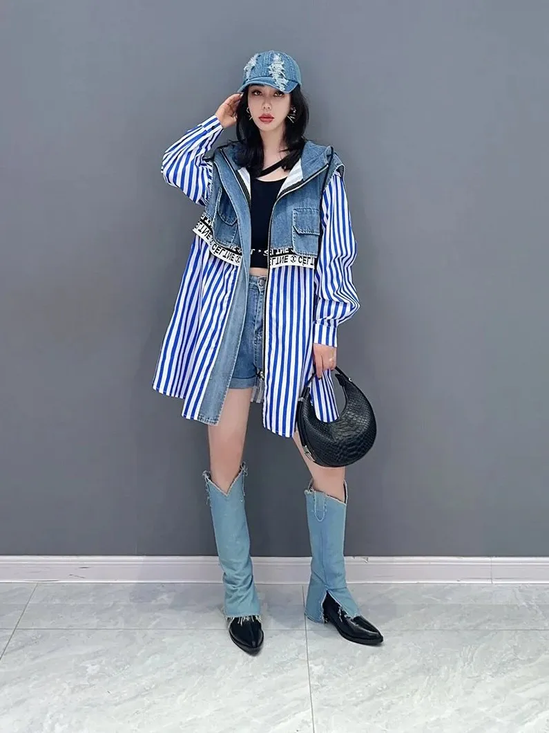 Hooded Denim Stripe Fake Two Piece Shirt Jacket