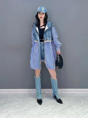 Hooded Denim Stripe Fake Two Piece Shirt Jacket
