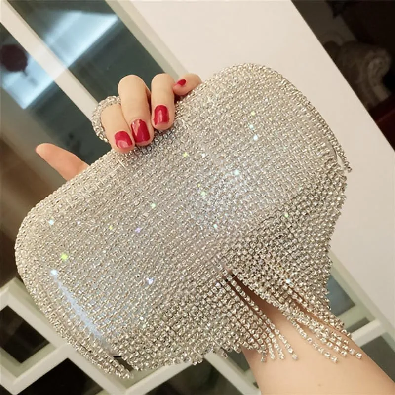 HUFFA Female Evening Bag Clutches, Small Portable Rhinestone Tassels Handbag Purse Nice Gift for Women (Color : Black)