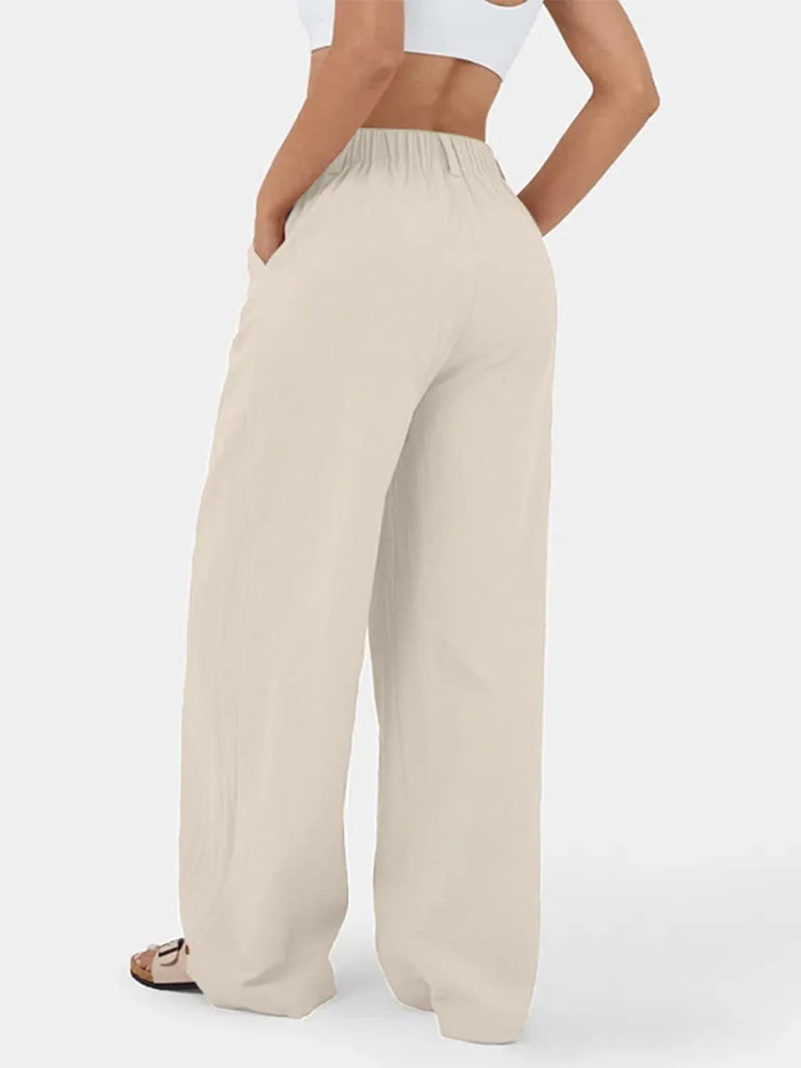 IFFEI Womens Linen Pants Casual Loose Wide Leg High Waist Button Up Pants Trousers with Pockets