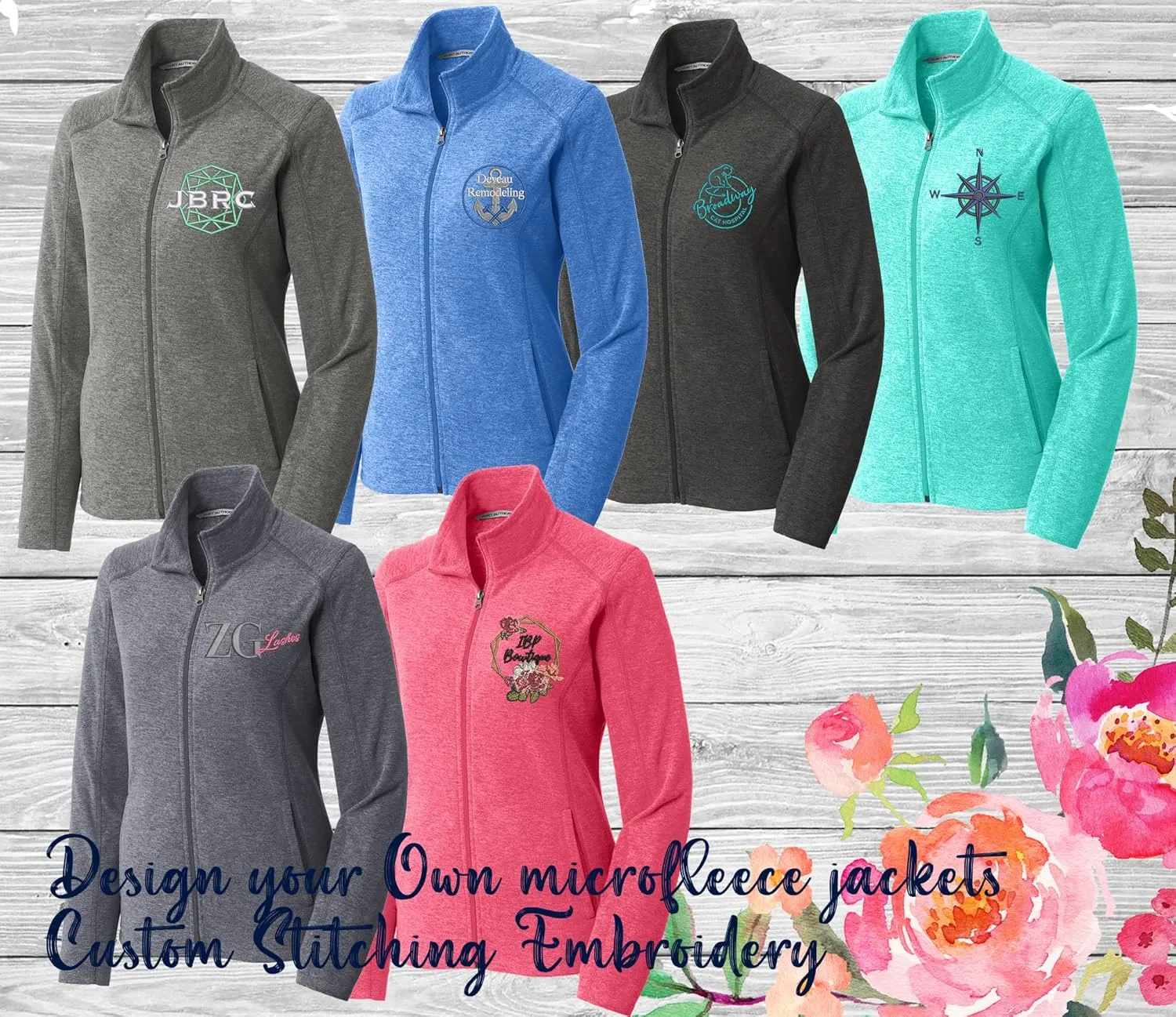 INK STITCH Women L235 Custom Design Your Own Stitching Logo Texts Heather Microfleece Jackets - 4 Colors