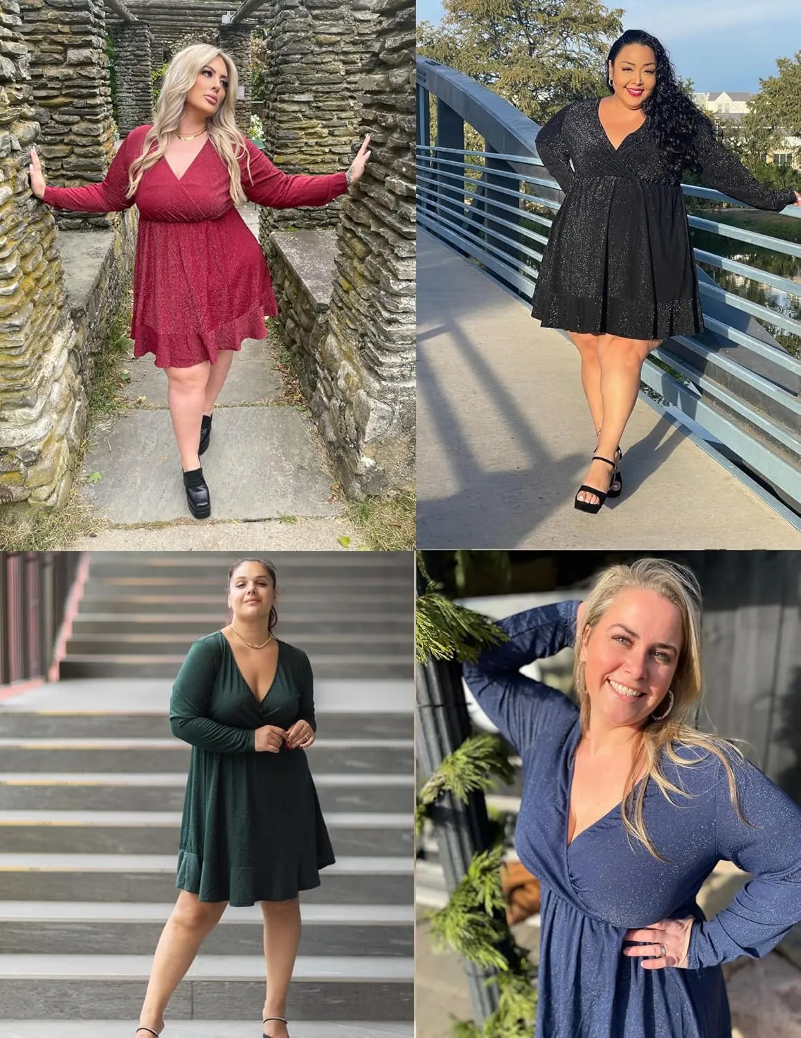 IN'VOLAND Plus Size Womens Glitter Dress V Neck Long Sleeve Ruffle Hem Swing Club Cocktail Party Dresses