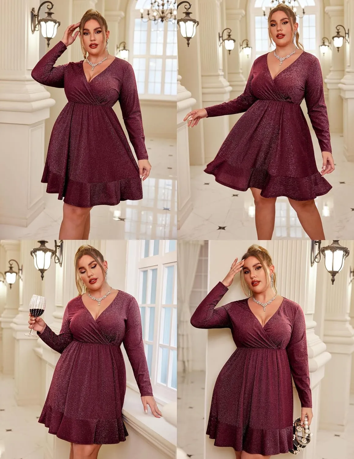 IN'VOLAND Plus Size Womens Glitter Dress V Neck Long Sleeve Ruffle Hem Swing Club Cocktail Party Dresses