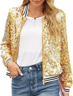 itnpbwus Sequin Jacket for Women Long Sleeved Front Zipper Ribbed Cuffs Bomber Jacket