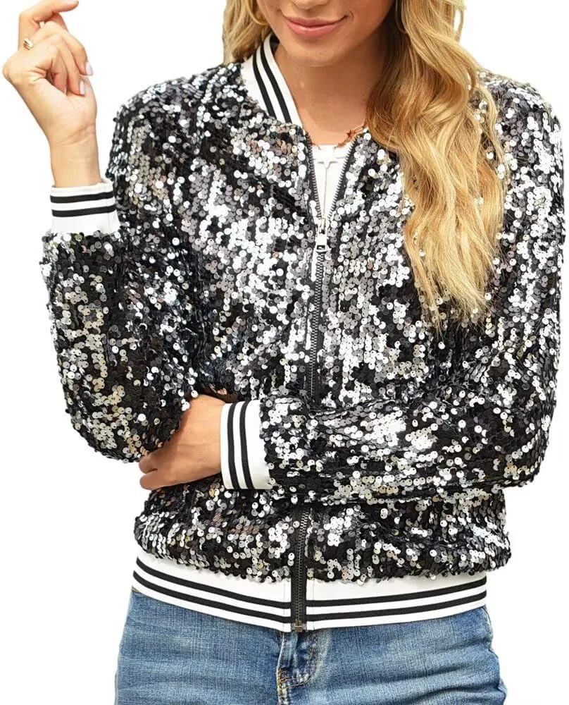 itnpbwus Sequin Jacket for Women Long Sleeved Front Zipper Ribbed Cuffs Bomber Jacket