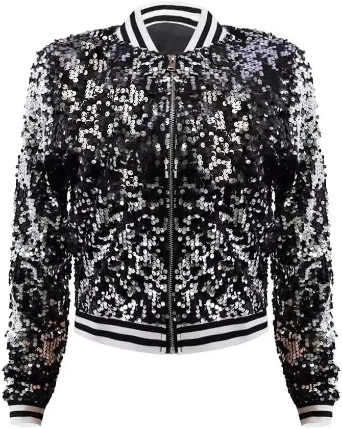 itnpbwus Sequin Jacket for Women Long Sleeved Front Zipper Ribbed Cuffs Bomber Jacket