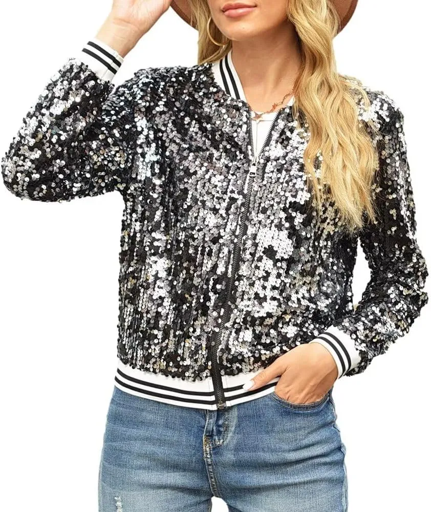 itnpbwus Sequin Jacket for Women Long Sleeved Front Zipper Ribbed Cuffs Bomber Jacket