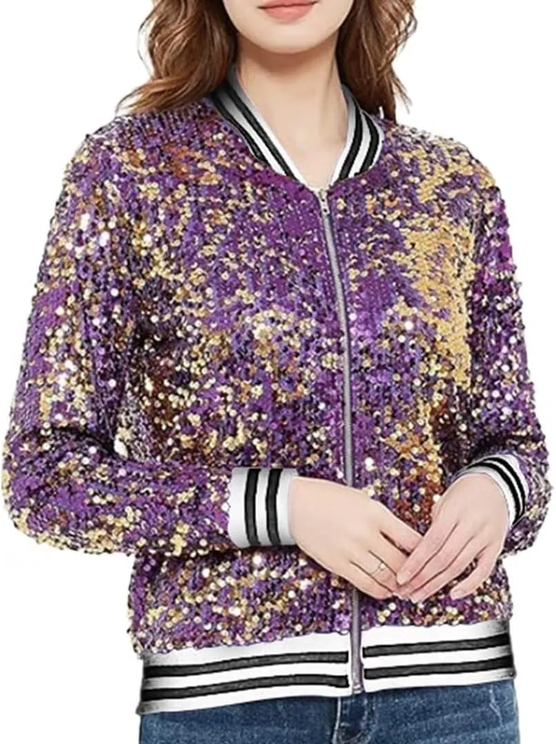itnpbwus Sequin Jacket for Women Long Sleeved Front Zipper Ribbed Cuffs Bomber Jacket