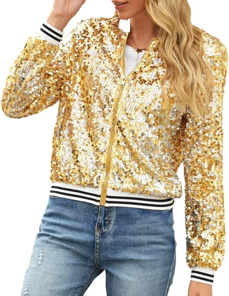 itnpbwus Sequin Jacket for Women Long Sleeved Front Zipper Ribbed Cuffs Bomber Jacket