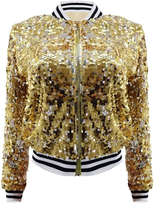 itnpbwus Sequin Jacket for Women Long Sleeved Front Zipper Ribbed Cuffs Bomber Jacket