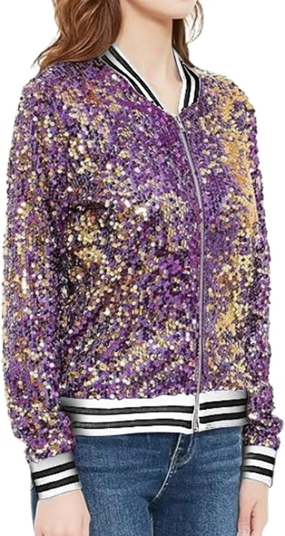 itnpbwus Sequin Jacket for Women Long Sleeved Front Zipper Ribbed Cuffs Bomber Jacket