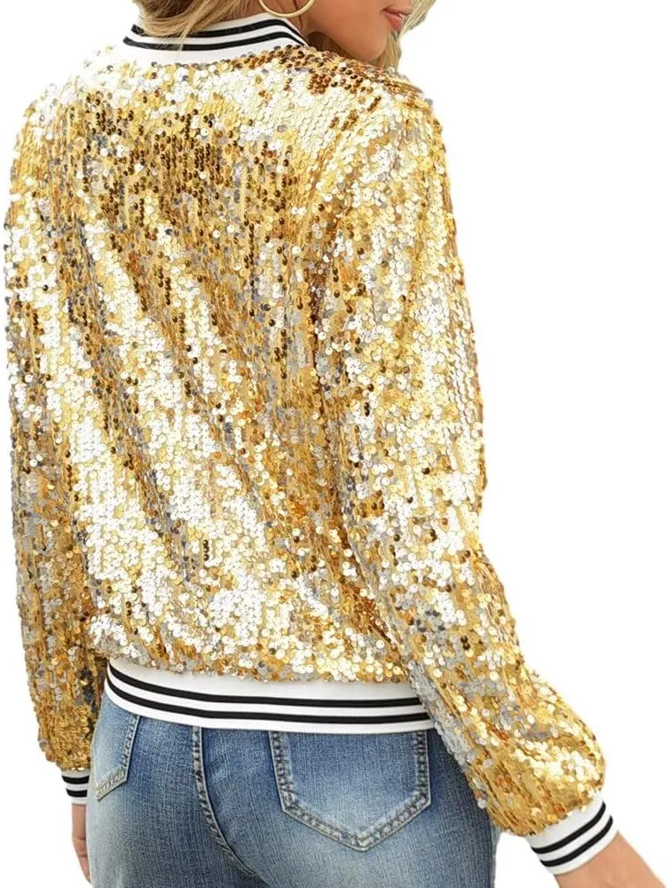 itnpbwus Sequin Jacket for Women Long Sleeved Front Zipper Ribbed Cuffs Bomber Jacket