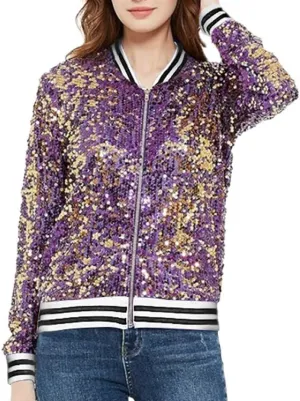 itnpbwus Sequin Jacket for Women Long Sleeved Front Zipper Ribbed Cuffs Bomber Jacket