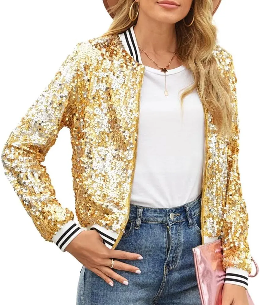 itnpbwus Sequin Jacket for Women Long Sleeved Front Zipper Ribbed Cuffs Bomber Jacket