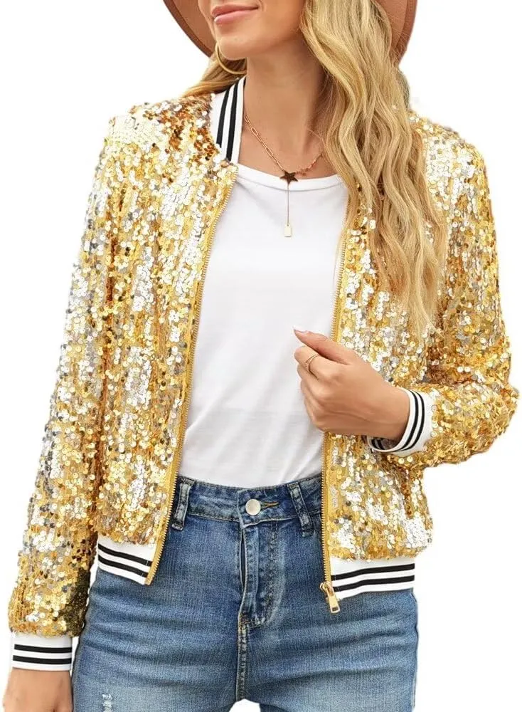 itnpbwus Sequin Jacket for Women Long Sleeved Front Zipper Ribbed Cuffs Bomber Jacket