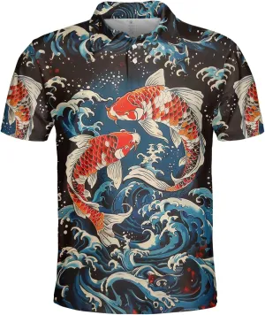 Japanese Koi Polo Shirts for Men Holiday Party- Koi Fish Golf Fit Short Sleeve Polo Shirts S49