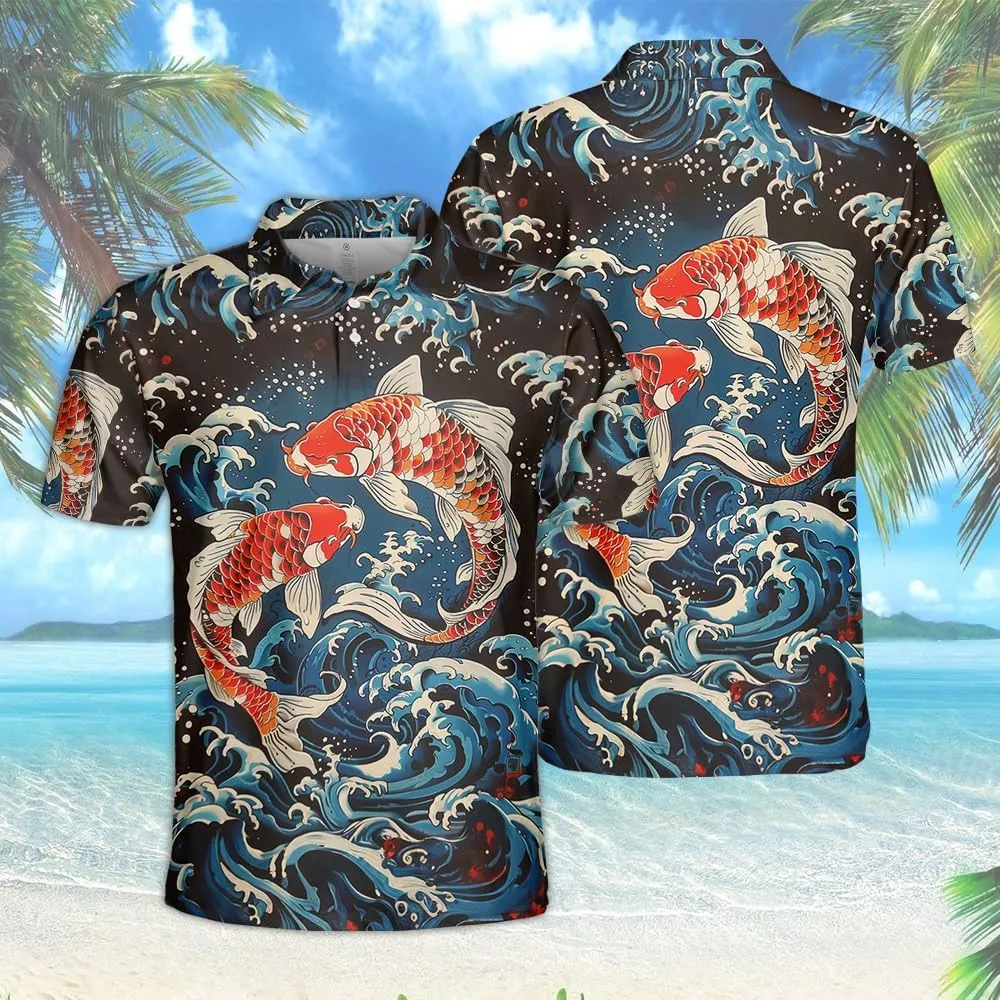 Japanese Koi Polo Shirts for Men Holiday Party- Koi Fish Golf Fit Short Sleeve Polo Shirts S49