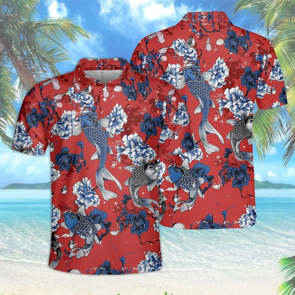 Japanese Koi Polo Shirts for Men Holiday Party- Koi Fish Golf Fit Short Sleeve Polo Shirts S49