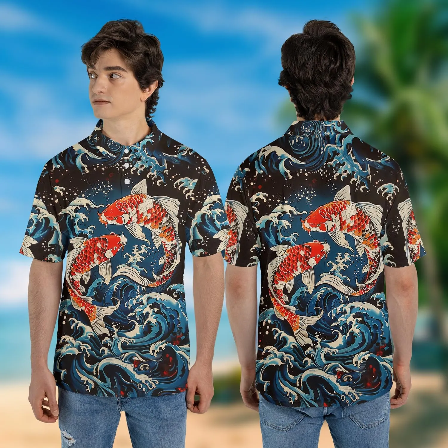 Japanese Koi Polo Shirts for Men Holiday Party- Koi Fish Golf Fit Short Sleeve Polo Shirts S49