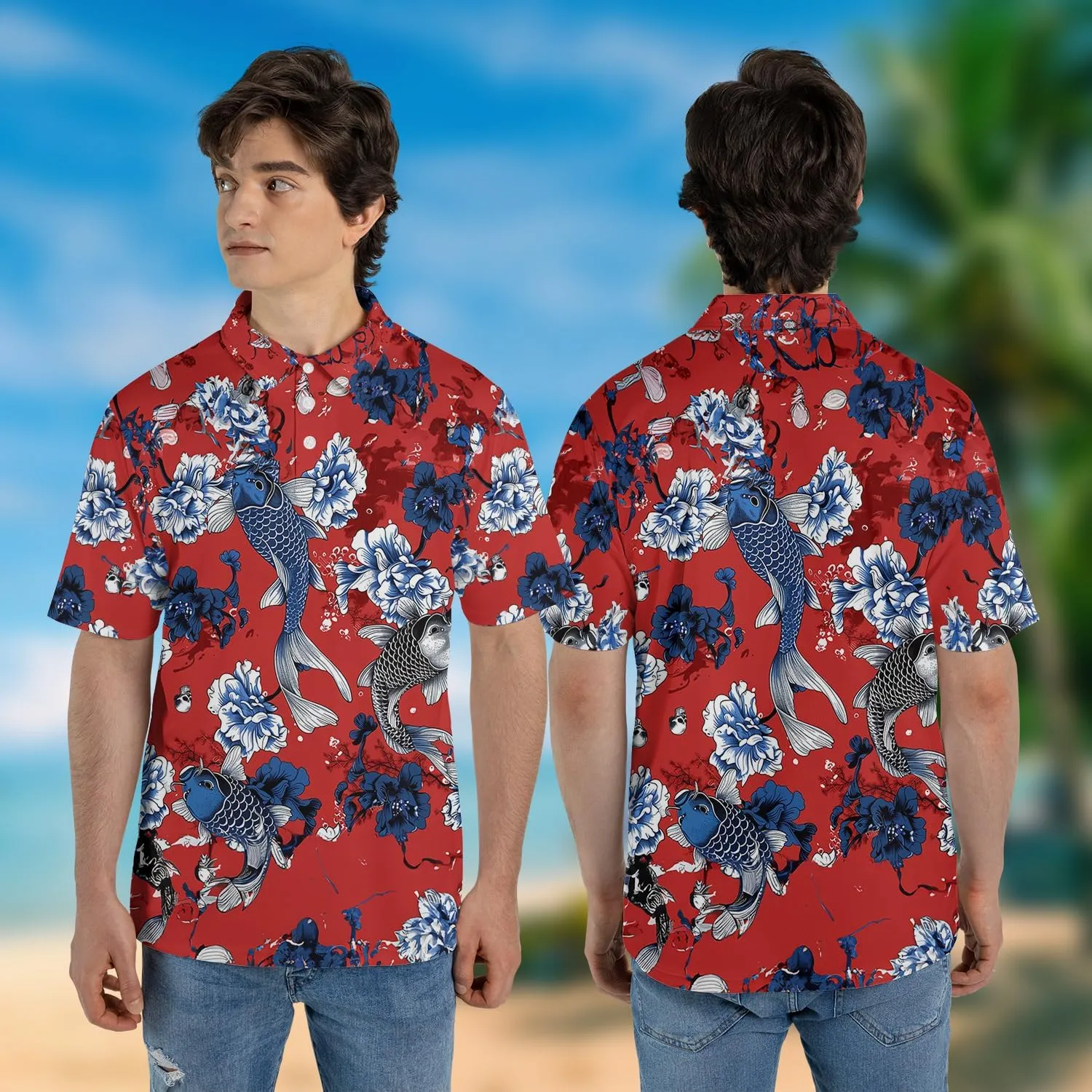 Japanese Koi Polo Shirts for Men Holiday Party- Koi Fish Golf Fit Short Sleeve Polo Shirts S49