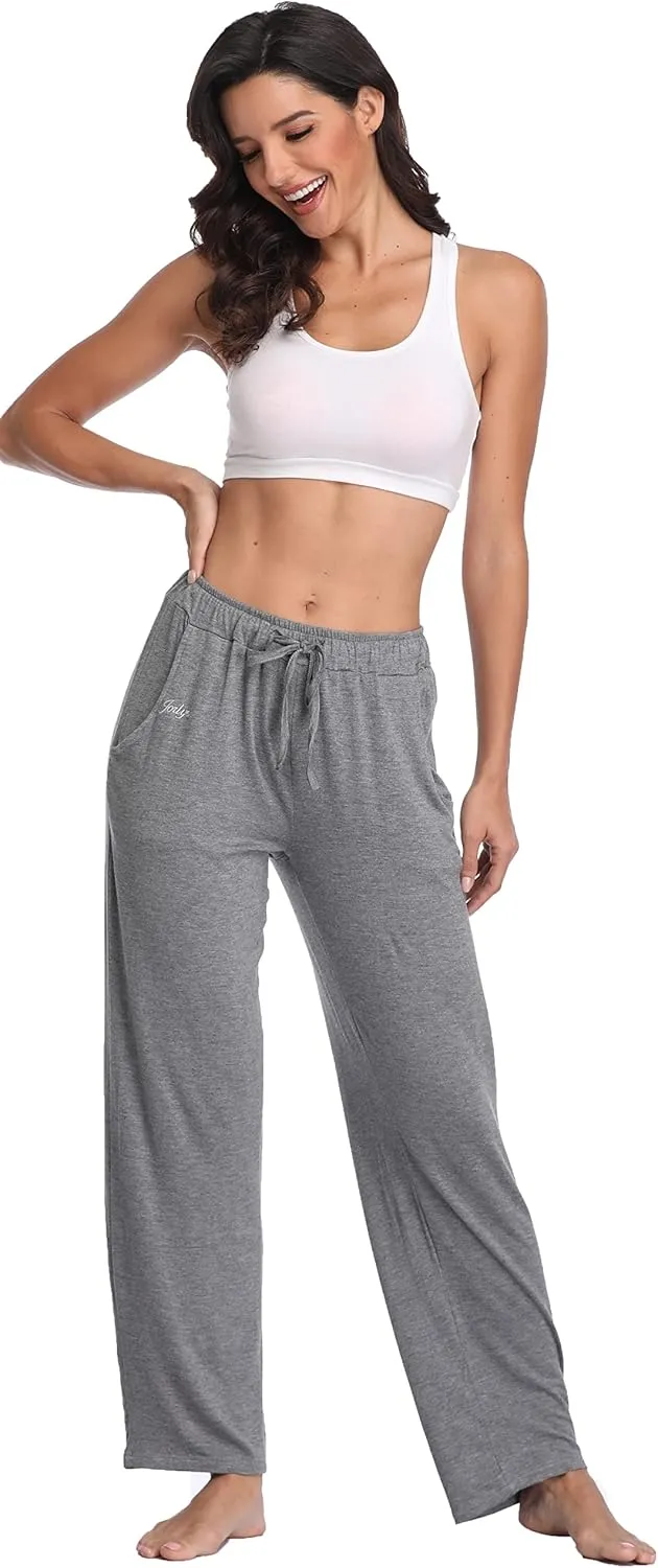 Jorlyen Women's Yoga Pants Long Modal Comfy Drawstring Trousers Loose Straight-Leg for Yoga Running Sporting with Pockets