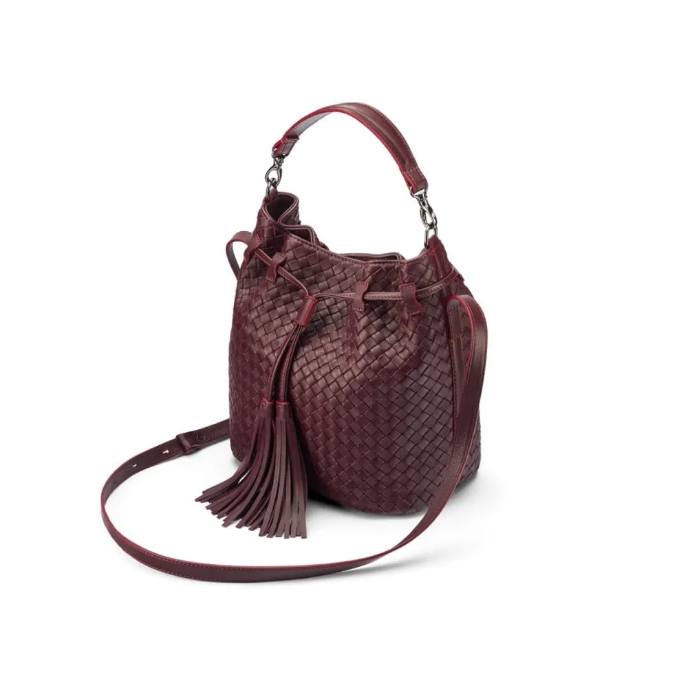 Kelly Woven Leather Bucket Bag - Burgundy
