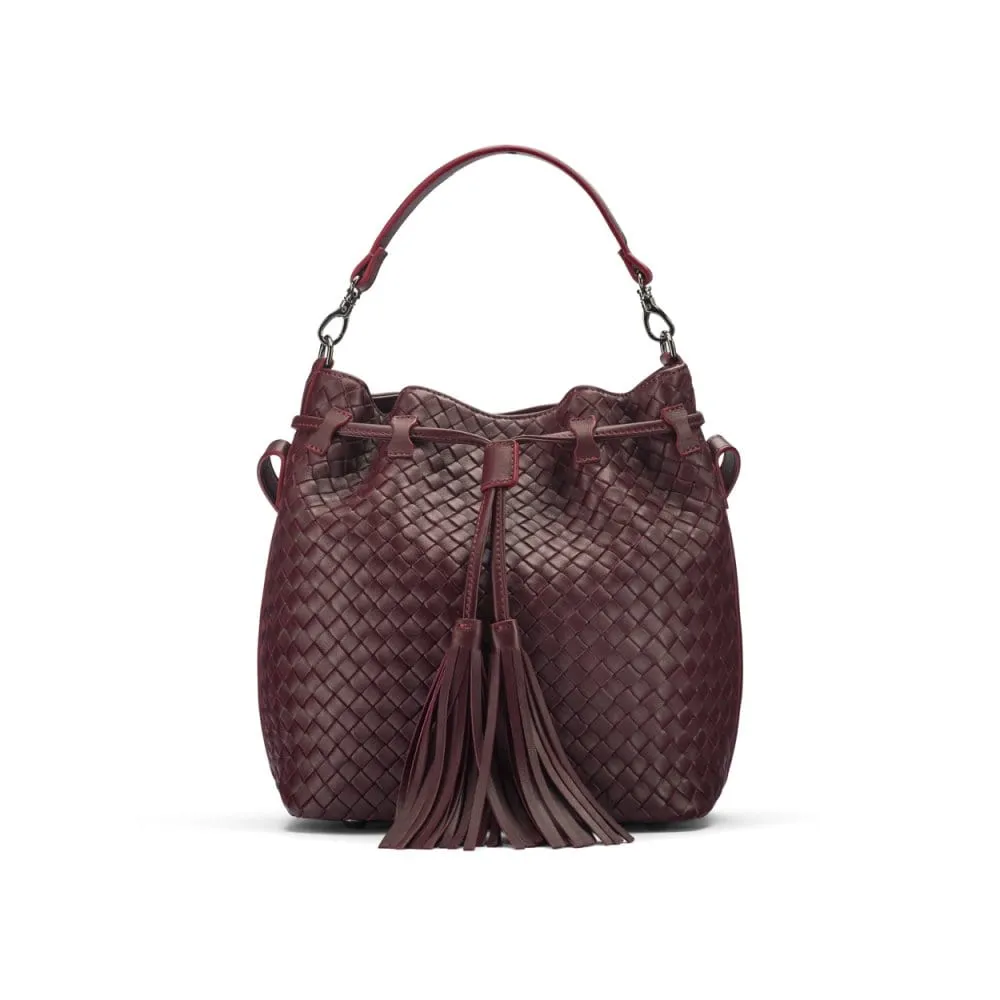 Kelly Woven Leather Bucket Bag - Burgundy