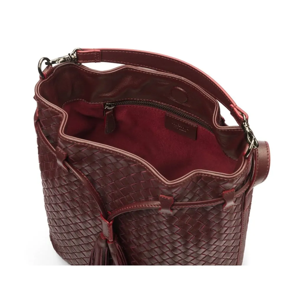 Kelly Woven Leather Bucket Bag - Burgundy