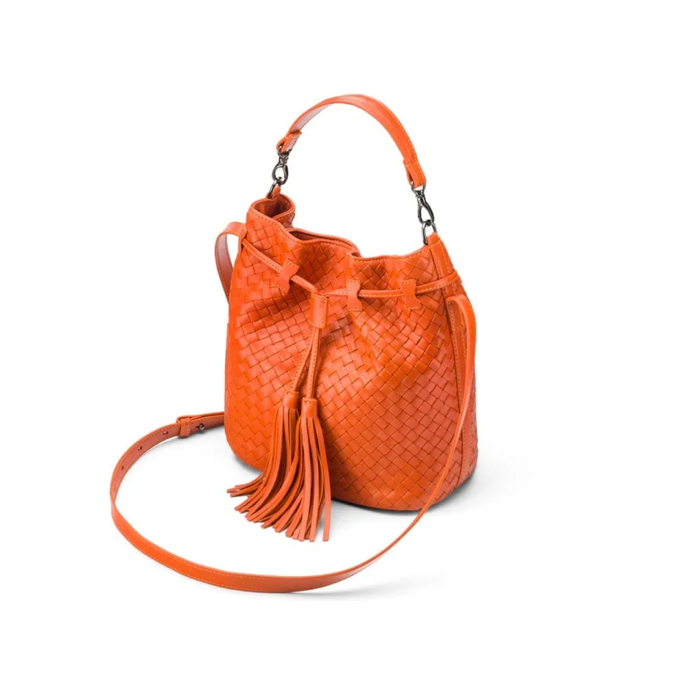 Kelly Woven Leather Bucket Bag - Orange