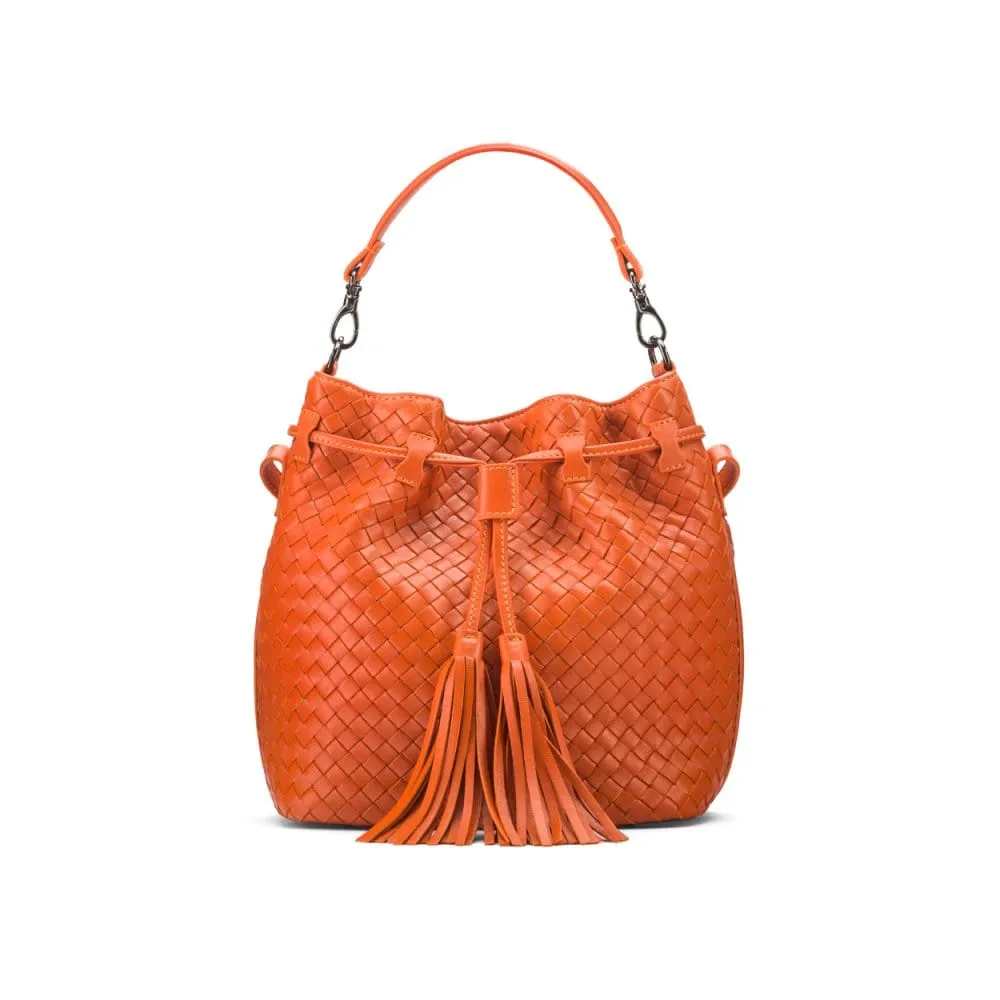 Kelly Woven Leather Bucket Bag - Orange