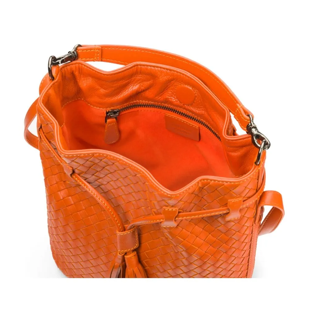Kelly Woven Leather Bucket Bag - Orange