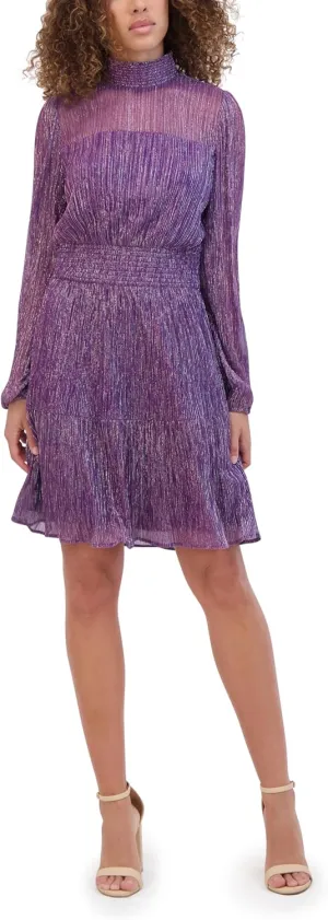kensie Women's Balloon Sleeve Mock Neck Shimmer Mini Dress