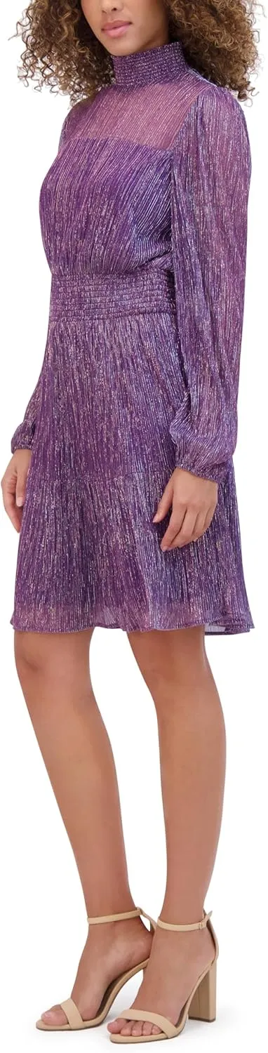 kensie Women's Balloon Sleeve Mock Neck Shimmer Mini Dress