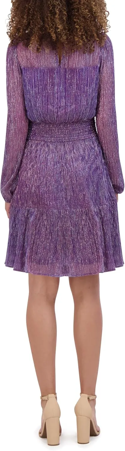 kensie Women's Balloon Sleeve Mock Neck Shimmer Mini Dress
