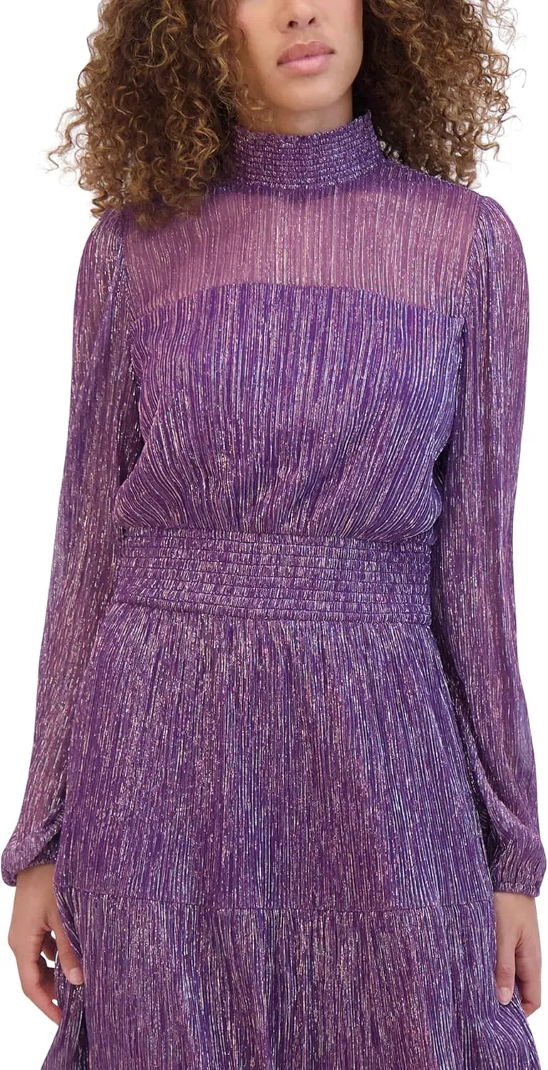 kensie Women's Balloon Sleeve Mock Neck Shimmer Mini Dress