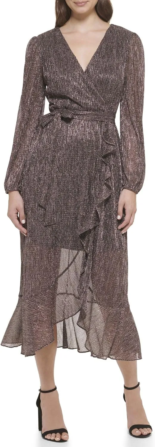 kensie Women's Balloon Sleeve Tie Waist Midi Dress