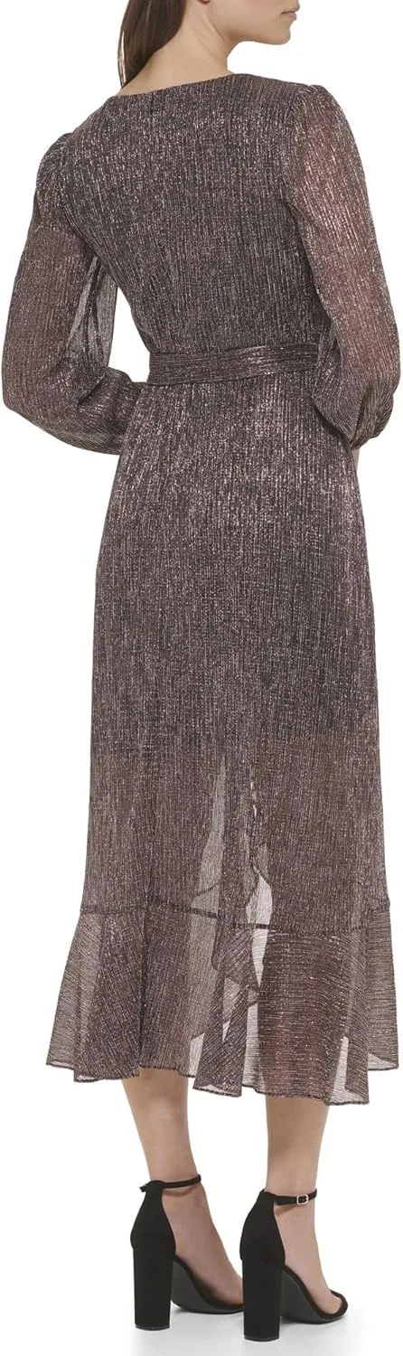 kensie Women's Balloon Sleeve Tie Waist Midi Dress