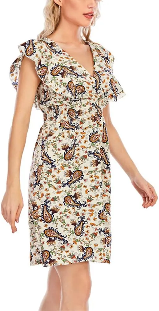 KEOMUD Women's Floral Print V Neck A-Line Summer Ruffle Sleeve Mini Dress Cute Short Dress