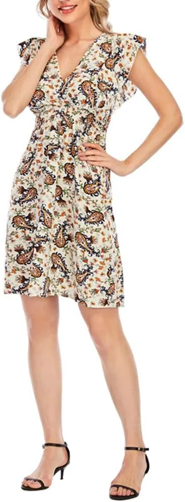 KEOMUD Women's Floral Print V Neck A-Line Summer Ruffle Sleeve Mini Dress Cute Short Dress
