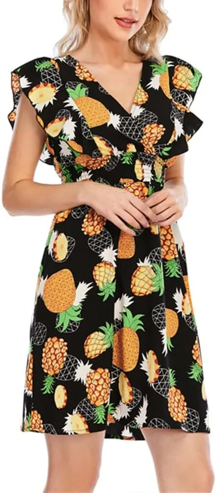 KEOMUD Women's Floral Print V Neck A-Line Summer Ruffle Sleeve Mini Dress Cute Short Dress