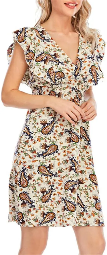 KEOMUD Women's Floral Print V Neck A-Line Summer Ruffle Sleeve Mini Dress Cute Short Dress