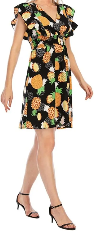 KEOMUD Women's Floral Print V Neck A-Line Summer Ruffle Sleeve Mini Dress Cute Short Dress