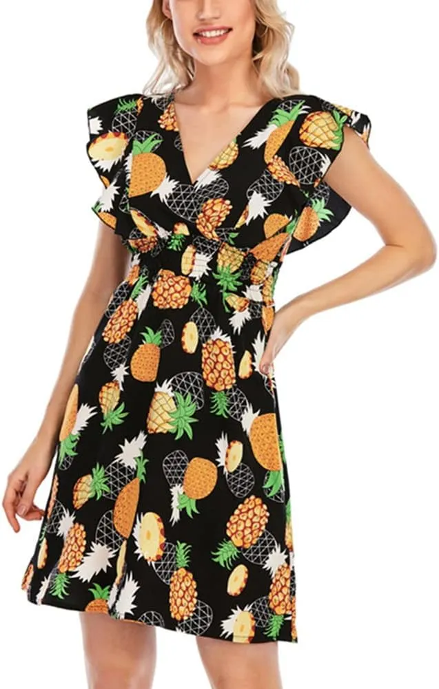 KEOMUD Women's Floral Print V Neck A-Line Summer Ruffle Sleeve Mini Dress Cute Short Dress