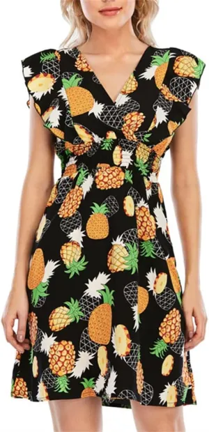KEOMUD Women's Floral Print V Neck A-Line Summer Ruffle Sleeve Mini Dress Cute Short Dress