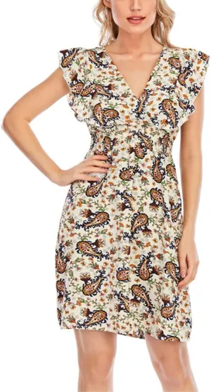 KEOMUD Women's Floral Print V Neck A-Line Summer Ruffle Sleeve Mini Dress Cute Short Dress