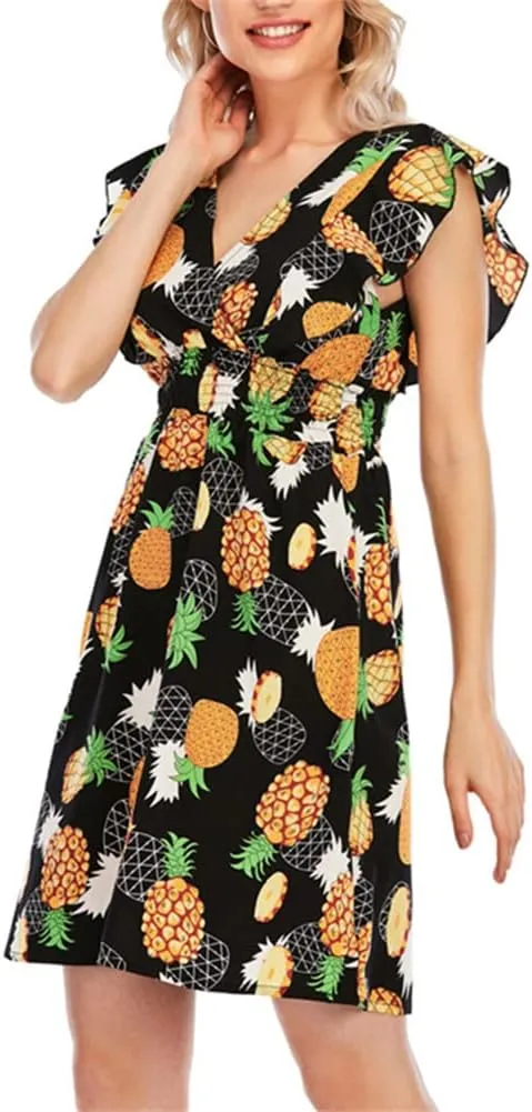 KEOMUD Women's Floral Print V Neck A-Line Summer Ruffle Sleeve Mini Dress Cute Short Dress