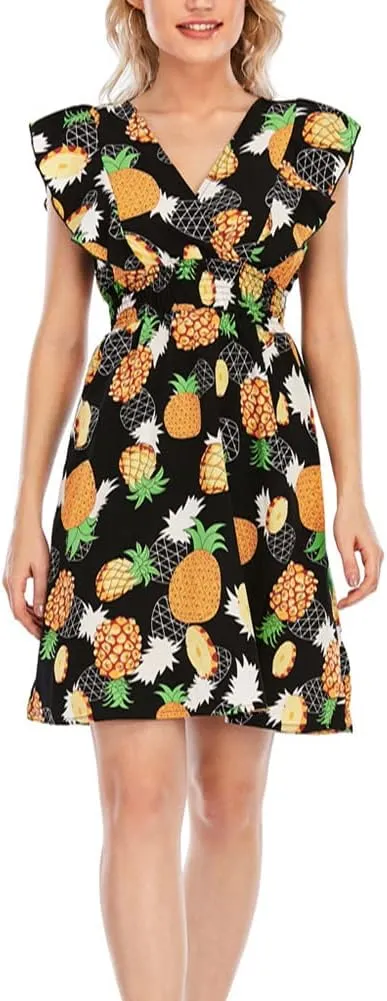 KEOMUD Women's Floral Print V Neck A-Line Summer Ruffle Sleeve Mini Dress Cute Short Dress